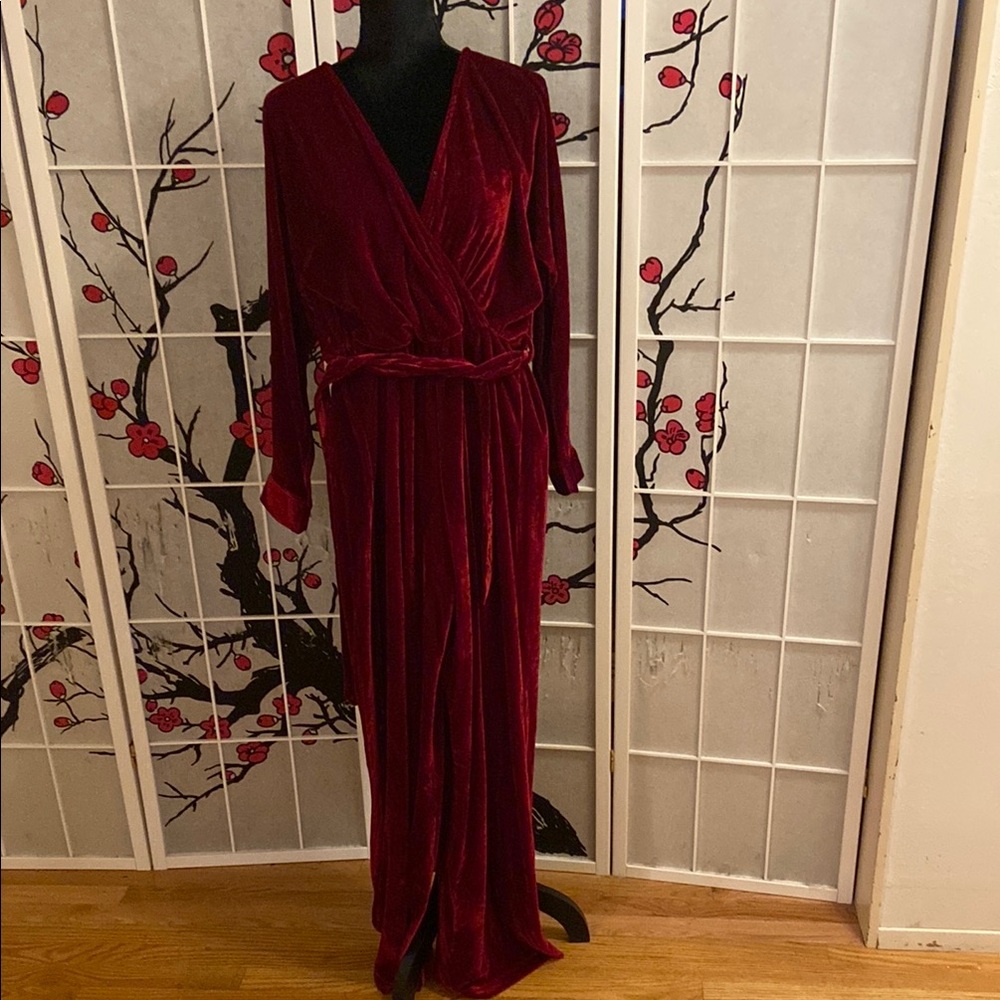 Luxurious Velvet Long Sleeve Jumpsuit in Deep Red